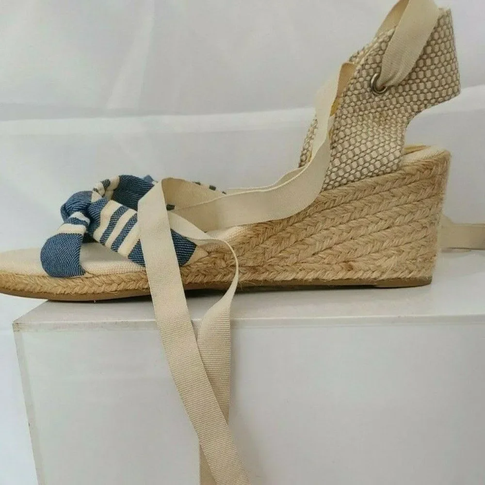 Michelle D Denim Striped‎ Espadrille Wedges Size 8M | Blue White Nautical Ribbon